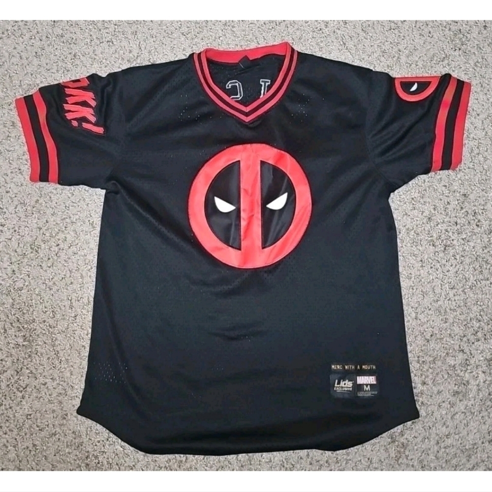 Marvel Deadpool Mesh Jersey V Neck Sz M Lids Exclusive Wilson #91 Red Black EUC